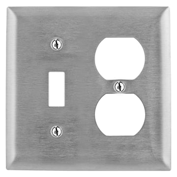 HUBBELL SS18L Wall Plates &amp; Boxes, Metal Plates, 2-Gang, 1) Toggle Opening 1) Double Opening, 430 Stainless Steel 
