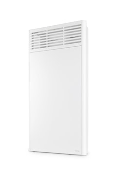 Appareil de chauffage électrique mural blanc avec grilles de ventilation supérieures, offrant un chauffage efficace et discret en pièce.